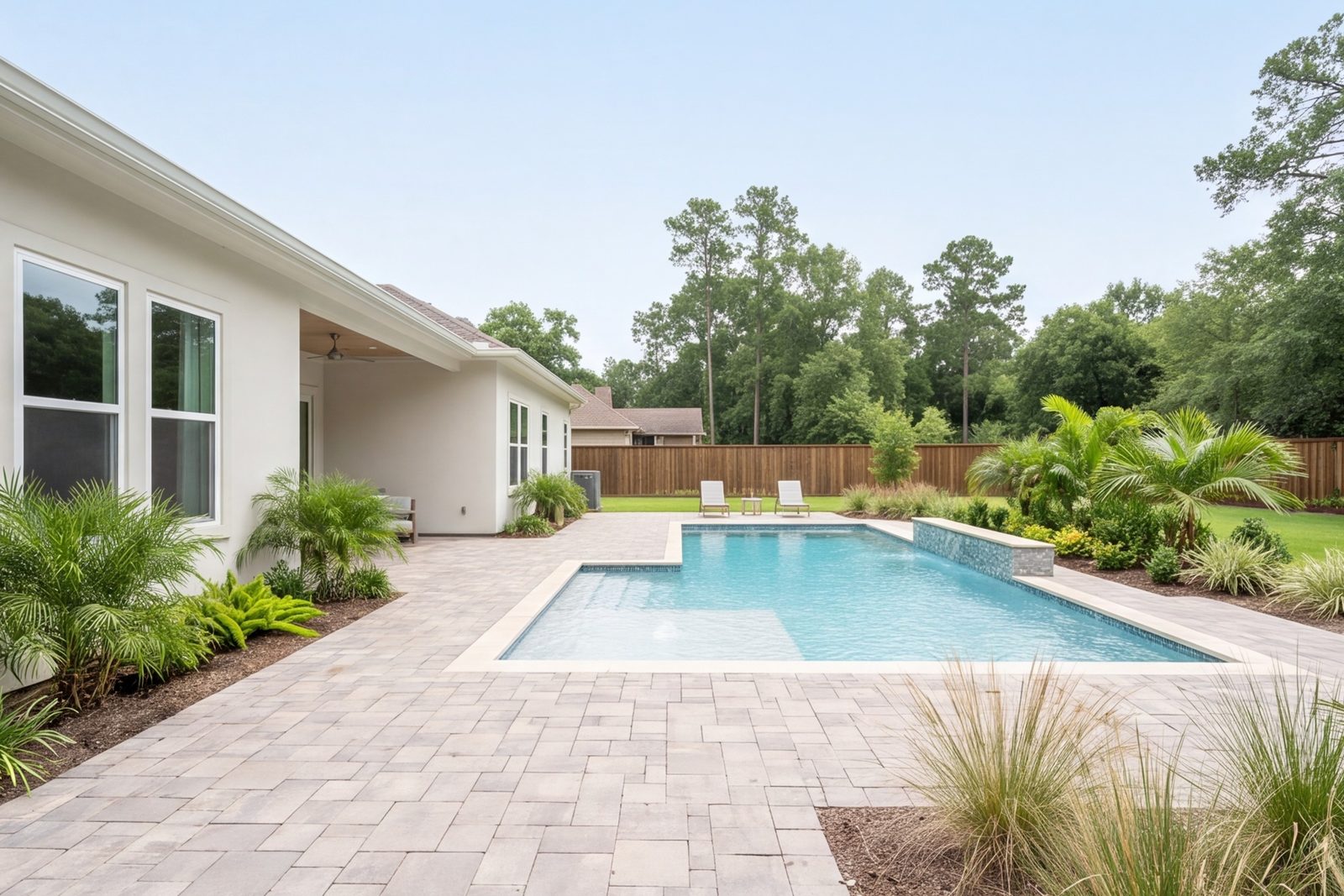 Back yard with paver patio, pool and planting
