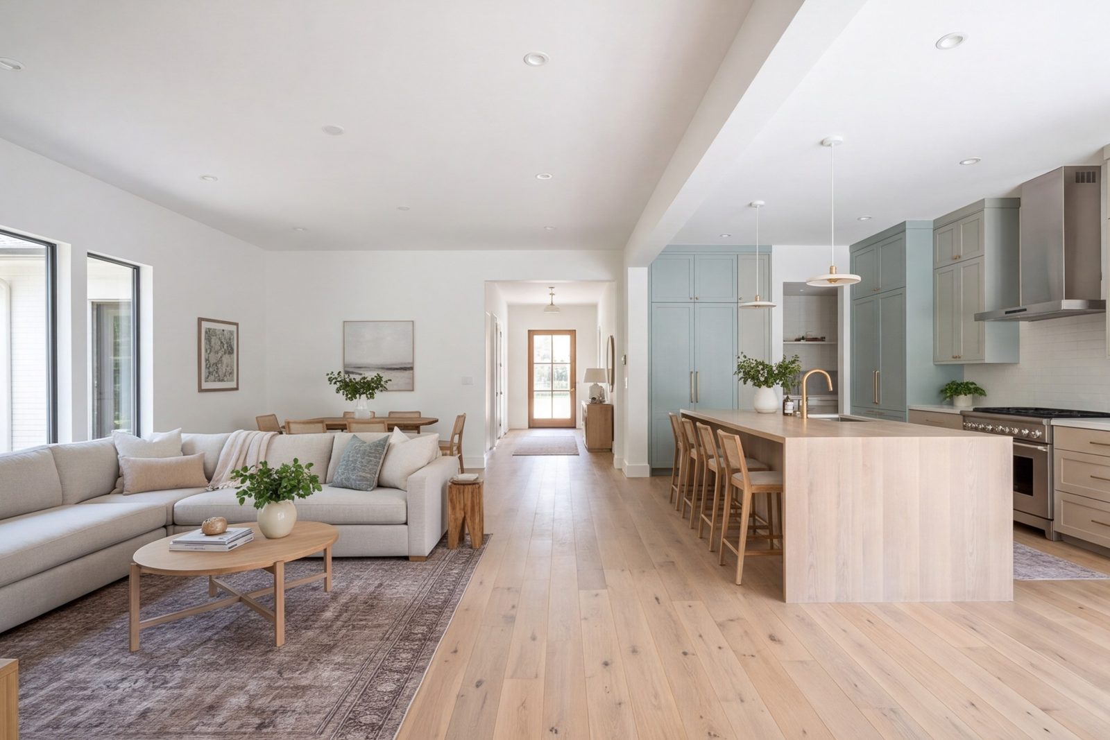 View through a whole-home remodel, living room into kitchen